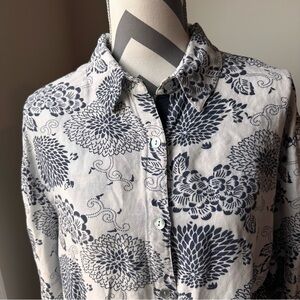 Soft Surroundings Delilah Linen Blend Floral Shirt XL | Blue White Button Down